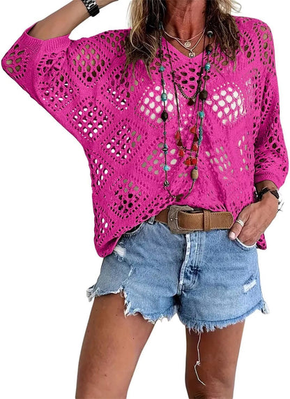 🥰Summer Sale-50% OFF💛Womens Bohemian-Inspired Beige Crochet Top With V-Neck