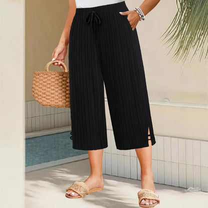 👖60% OFF NOW!🌿Ribbed Wide-Leg Capri Pants – Elastic Waist, Comfortable Fit & Perfect for Daily Wear ✨